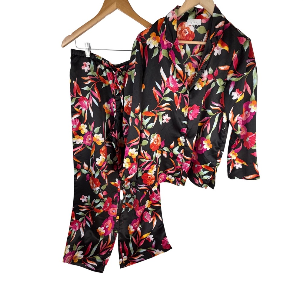 Natori Womens Floral Satin Pajama Set Black Multi Color Button Down Sleepwear M